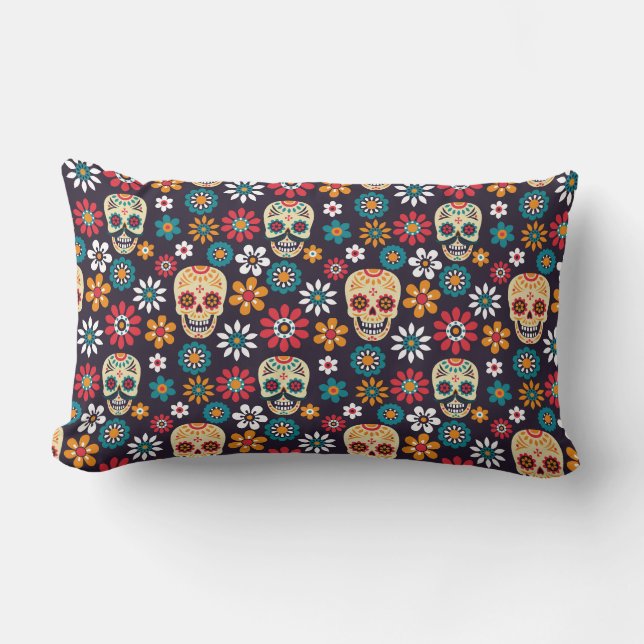 Red skull floral pattern lumbar cushion (Front)
