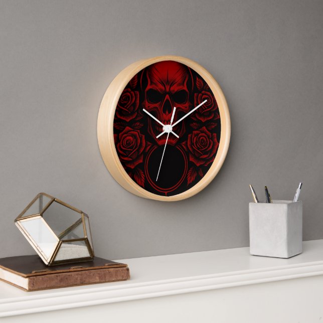 Red Skull with Roses - Dark Gothic Artwork Clock (Office)