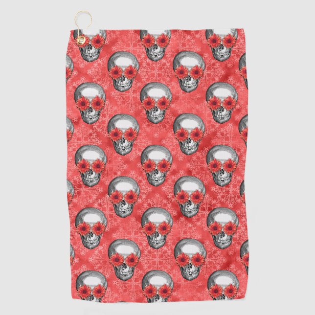 Red Skulls and Sunflower Series Design 13 Golf Towel (Front)