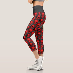 Red Skulls and Sunflower Series Design 1 Capri Leggings