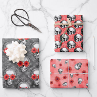 Red Skulls and Sunflower Series Design 3 Wrapping Paper Sheet