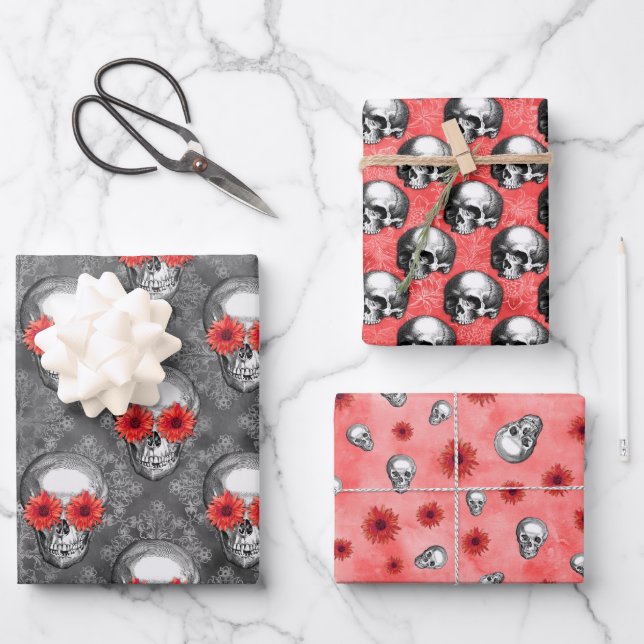 Red Skulls and Sunflower Series Design 3 Wrapping Paper Sheet (Front)