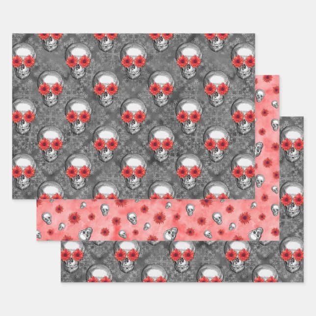 Red Skulls and Sunflower Series Design 3  Wrapping Paper Sheet (Set)