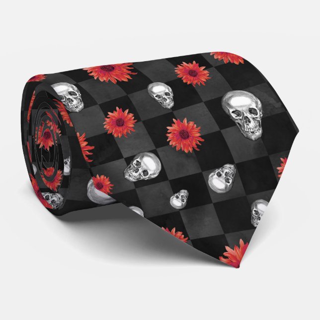 Red Skulls and Sunflower Series Design 7 Tie (Rolled)