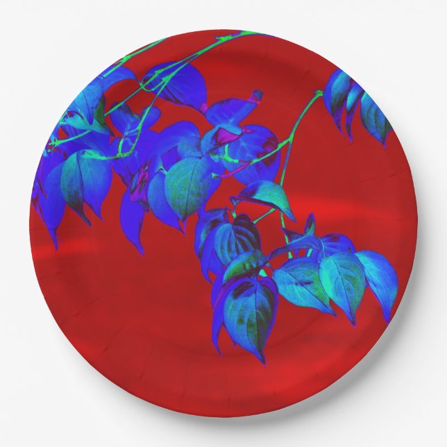 Red Sky Blue Leaves Paper Plates (Front)