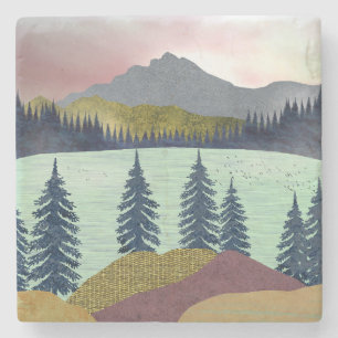 Red Sky Lake Landscape Stone Coaster