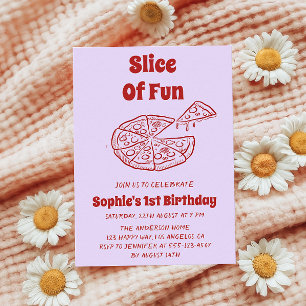 Red Slice of Fun Pizza First Birthday Party   Invitation