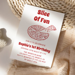 Red Slice of Fun Pizza First Birthday Party Invitation