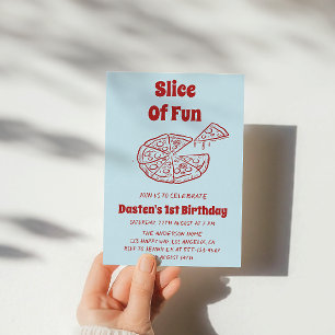 Red Slice of Fun Pizza First Birthday Party Invitation