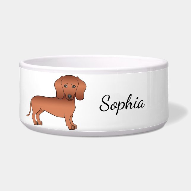 Red Smooth Coat Dachshund Cute Cartoon Dog & Name (Front)