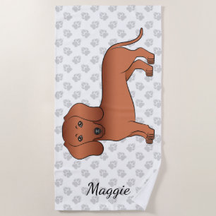 Red Smooth Coat Dachshund Cute Cartoon Dog & Name Beach Towel
