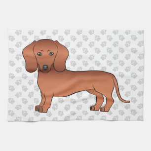 Red Smooth Coat Dachshund Cute Cartoon Dog & Paws Tea Towel