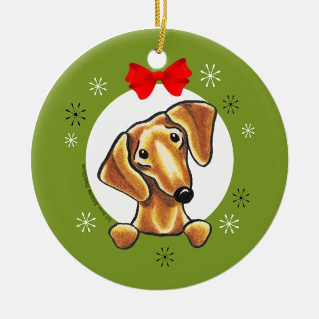 Red Smooth Dachshund Christmas Classic Ceramic Tree Decoration (Front)