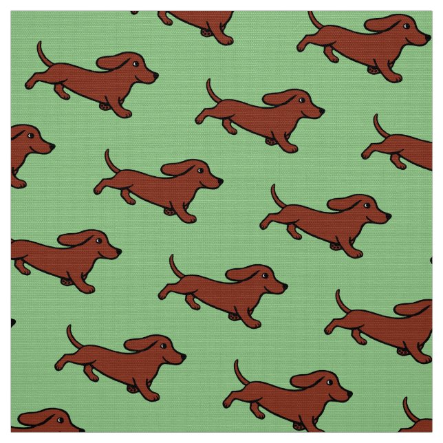 Red Smooth Dachshund Running Moss Green Fabric (Swatch)