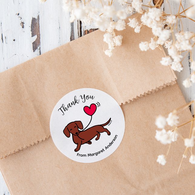Red Smooth Haired Dachshund Smiling Thank You Classic Round Sticker (Red Smooth Haired Dachshund Smiling Red Heart Balloon Thank You Sticker.  Cute Sausage Dog Cartoon.)