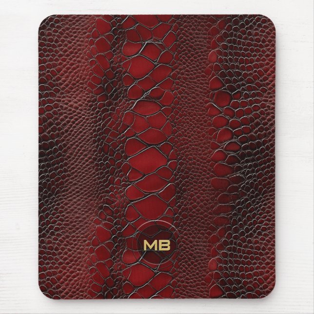 Red Snakeskin Leather Print Embossed Monogram Mouse Pad (Front)