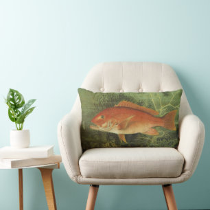 Red Snapper Fish by Kilbourne, Vintage Marine Life Lumbar Cushion