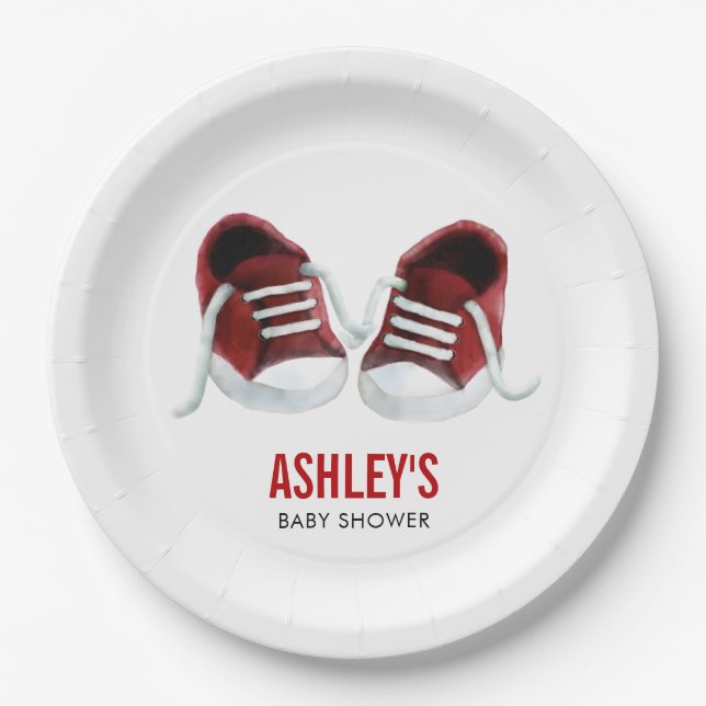 Red Sneakers Baby Shower Paper Plates (Front)