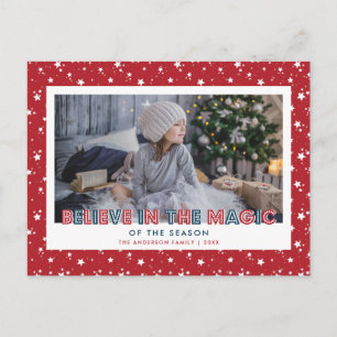 Red Snow Stars Believe Photo Holiday Postcard