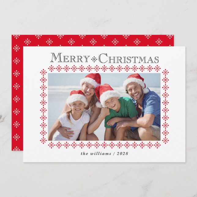 Red Snowflake Border Christmas Photo Holiday Card (Front/Back)