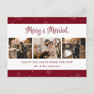 Red Snowflake Botanical Newlywed Photo Holiday Postcard