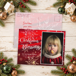 Red Snowflake Christmas Blessings Photo Holiday Postcard