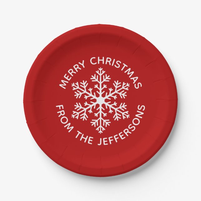 Red Snowflake Christmas Paper Plates (Front)