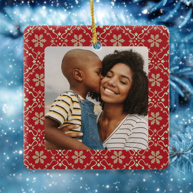 Red Snowflake Christmas Photo Custom Ceramic Ornament (Merry Christmas holiday photo ornament with stylish calligraphy script.)