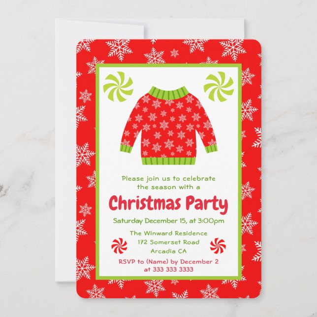 Red Snowflake Christmas Sweater Party Invitation (Front)
