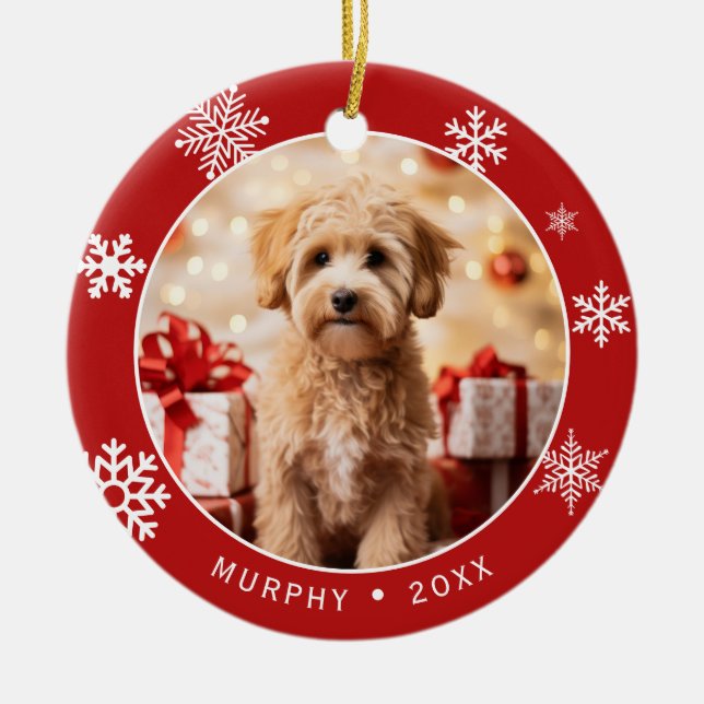 Red Snowflake Double-Sided Dog Photo Ornament (Front)