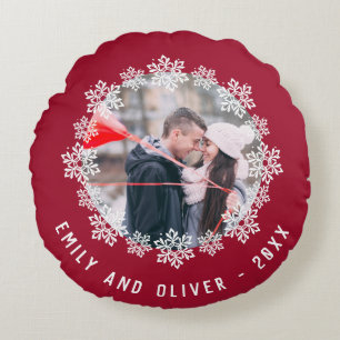 Red Snowflake Frame Couple Keepsake Photo Round Cushion