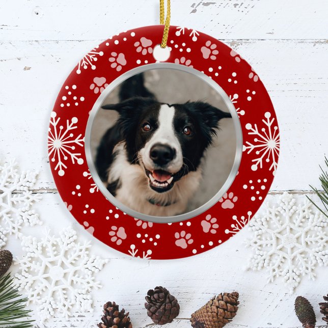 Red Snowflake Paw Pattern Pet Photo Ceramic Tree Decoration (Creator Uploaded)