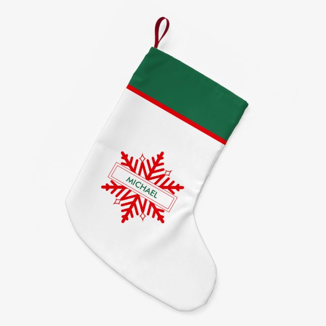 Red Snowflake Personalised Green & White Small Christmas Stocking (Front (Hanging))