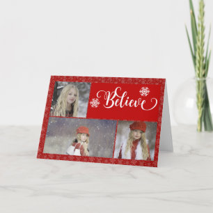 Red Snowflake Photo Believe Christmas Card