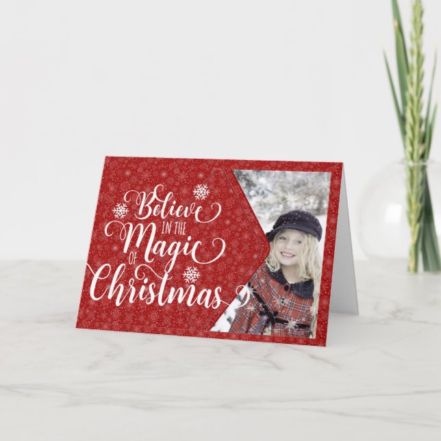Red Snowflake Photo Believe Christmas Card (Front)