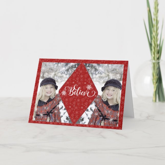 Red Snowflake Photo Believe Christmas Card (Front)