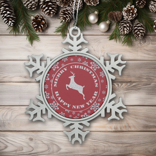 Red Snowflake Silver Reindeer Snowflake Pewter Christmas Ornament (Creator Uploaded)