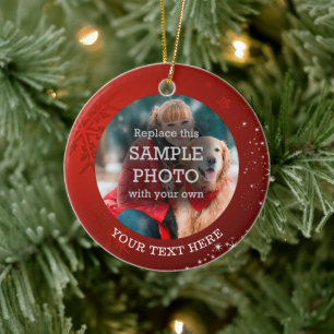 Red Snowflake Stars 2 Photo Custom Text Ceramic Tree Decoration