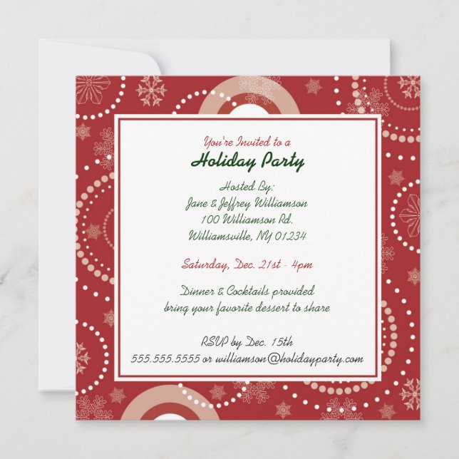 Red Snowflake Swirls Holiday Party Invitations (Front)