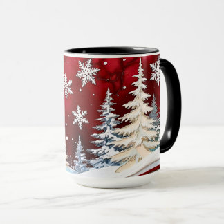 Red Snowflake Winter Forest Christmas Mug