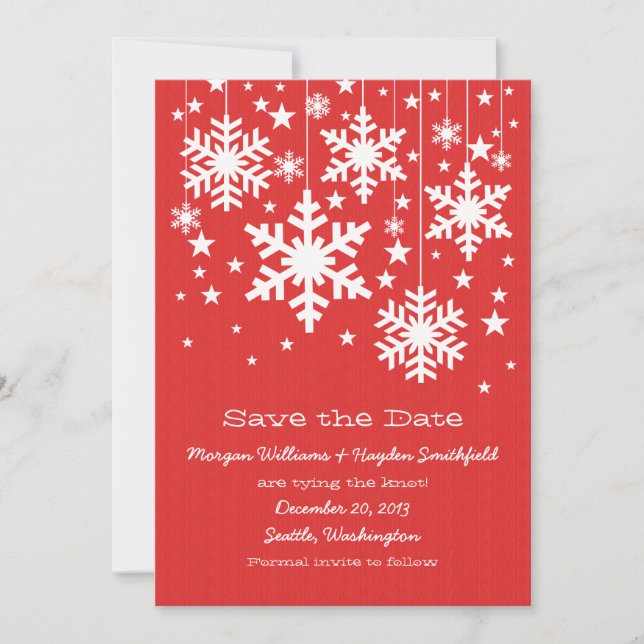 Red Snowflakes and Stars Save the Date Invite (Front)