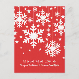 Red Snowflakes and Stars Save the Date Postcard