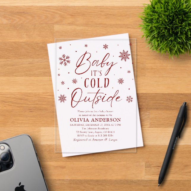Red Snowflakes Baby It's Cold Outside Baby Shower Acrylic Invitations (Insitu (Invitation Card))