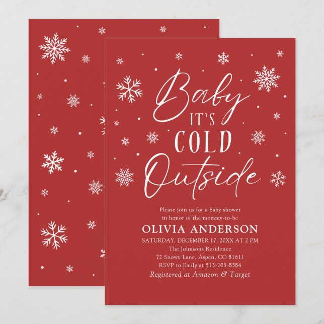 Red Snowflakes Baby It's Cold Outside Baby Shower Invitation (Front/Back)
