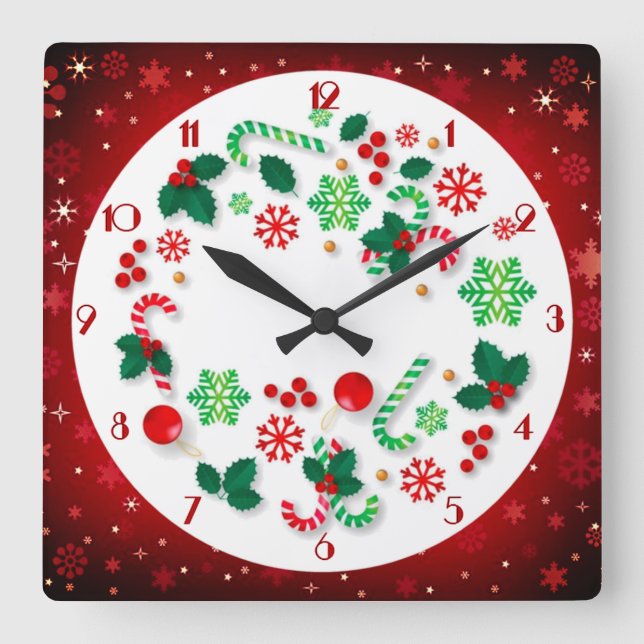 Red Snowflakes Background Simply Christmas Square Wall Clock (Front)