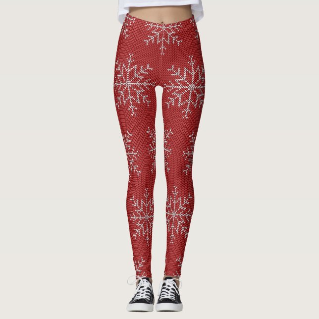 Red Snowflakes Christmas Sweater Knit Pattern Leggings (Front)