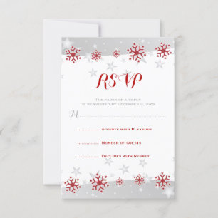 Red snowflakes & grey stars modern wedding RSVP Card