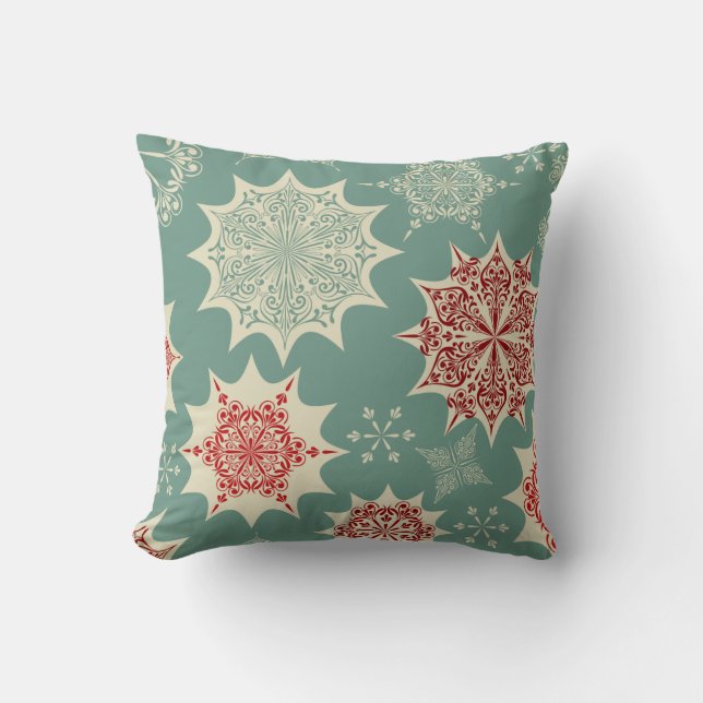 Red snowflakes on a green background cushion (Front)