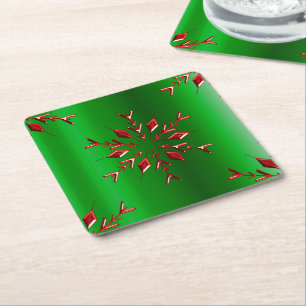 Red Snowflakes on Green Christmas Square Paper Coaster