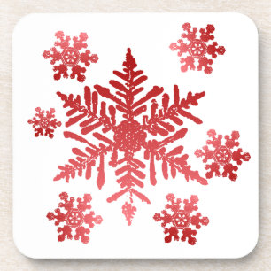Red Snowflakes on White Background Coaster